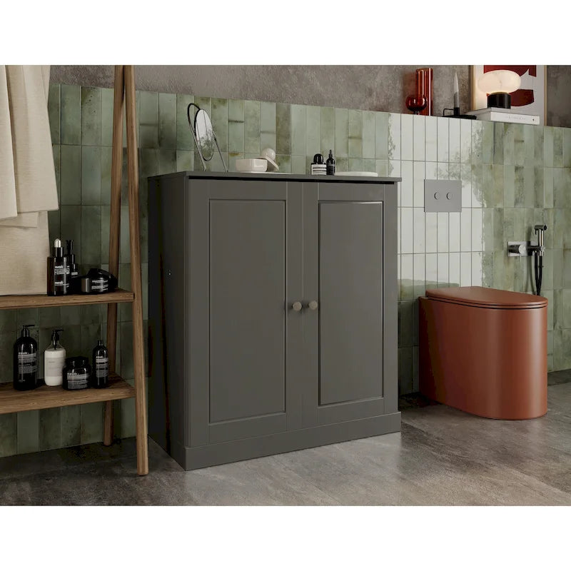100% Solid Wood 32 Bathroom Cabinet with Solid Doors and Adjustable Shelves