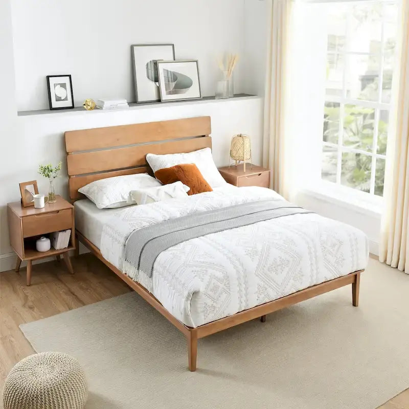 Low Profile Modern Wooden Platform Bed with Adjustable Height Headboard for Bedroom, Wooden Bed Frame with Headboard