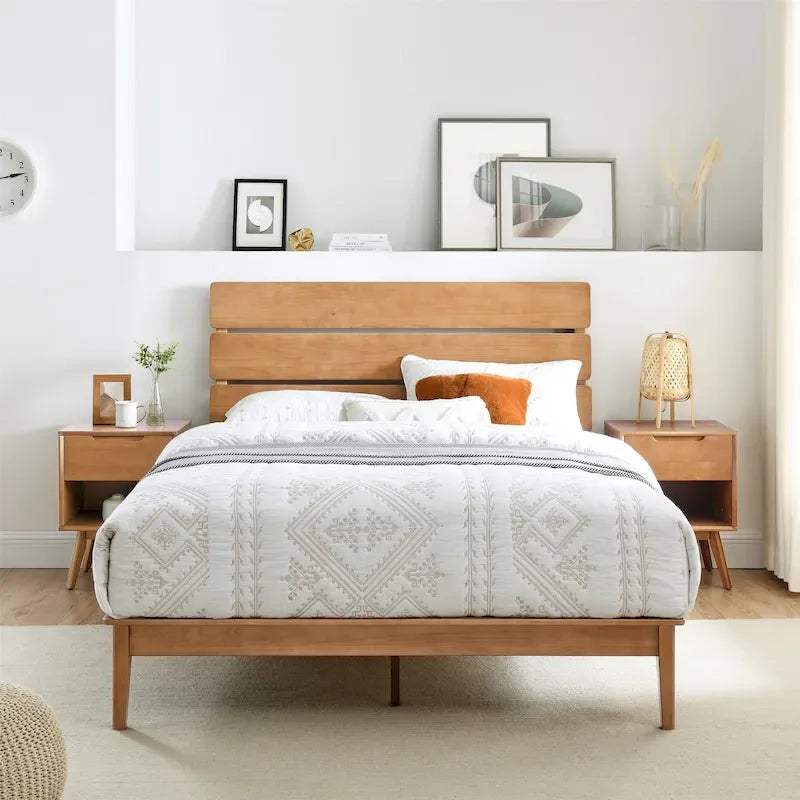 Low Profile Modern Wooden Platform Bed with Adjustable Height Headboard for Bedroom, Wooden Bed Frame with Headboard
