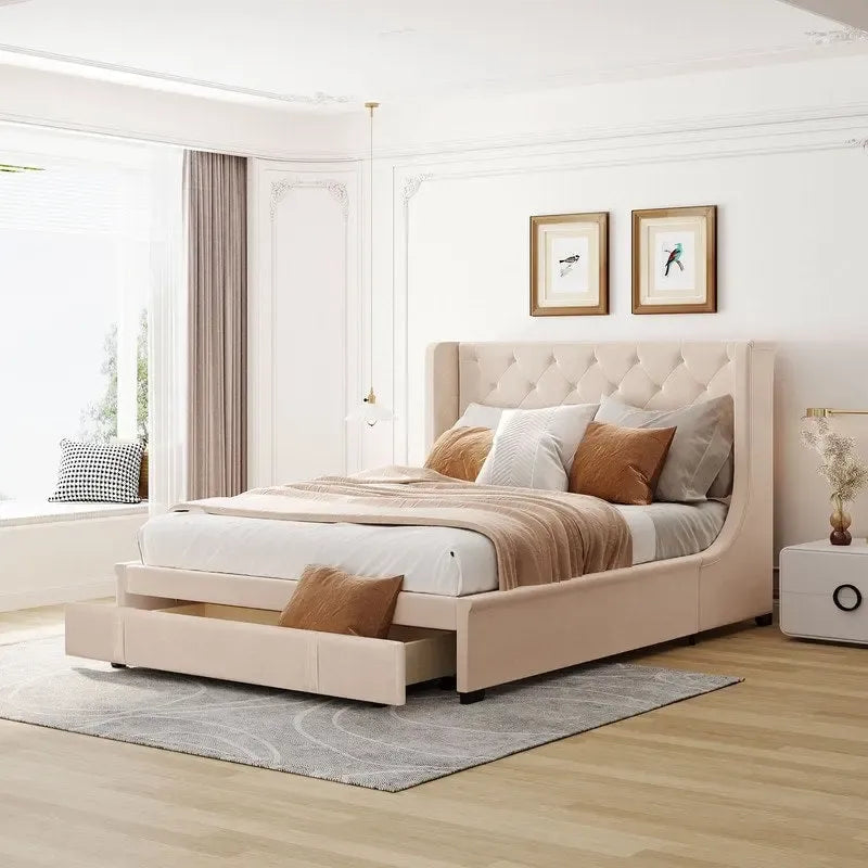 Queen Size Platform Bed with Wingback Headboard and a Big Drawer