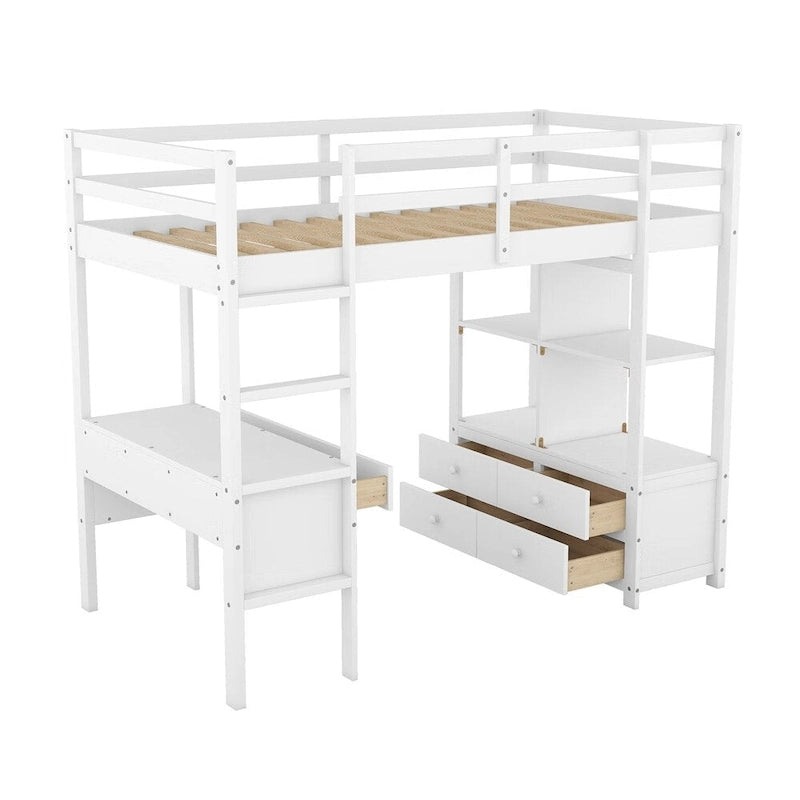 Loft Bed with Built-in Desk, Storage Shelves and Drawers