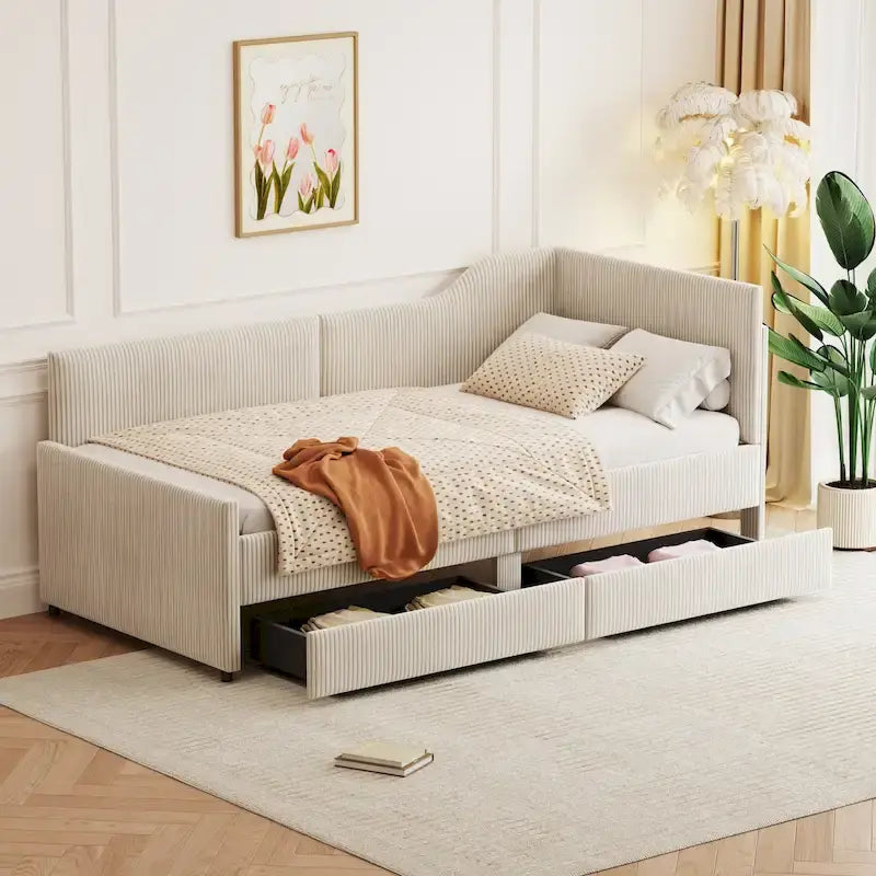 Twin Size Upholstered Corduroy Daybed with Drawers