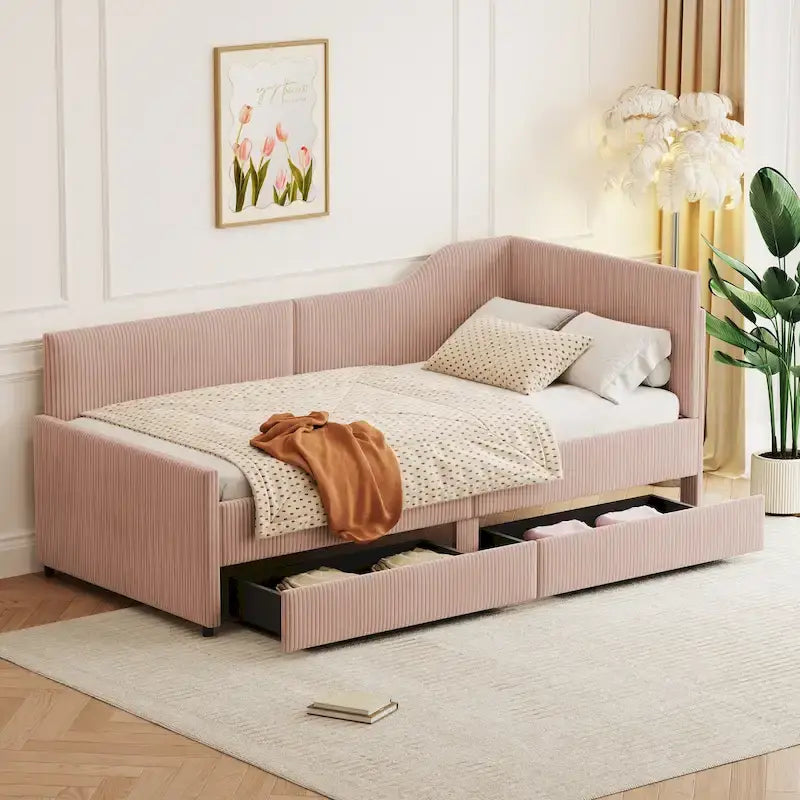 Twin Size Upholstered Corduroy Daybed with Drawers